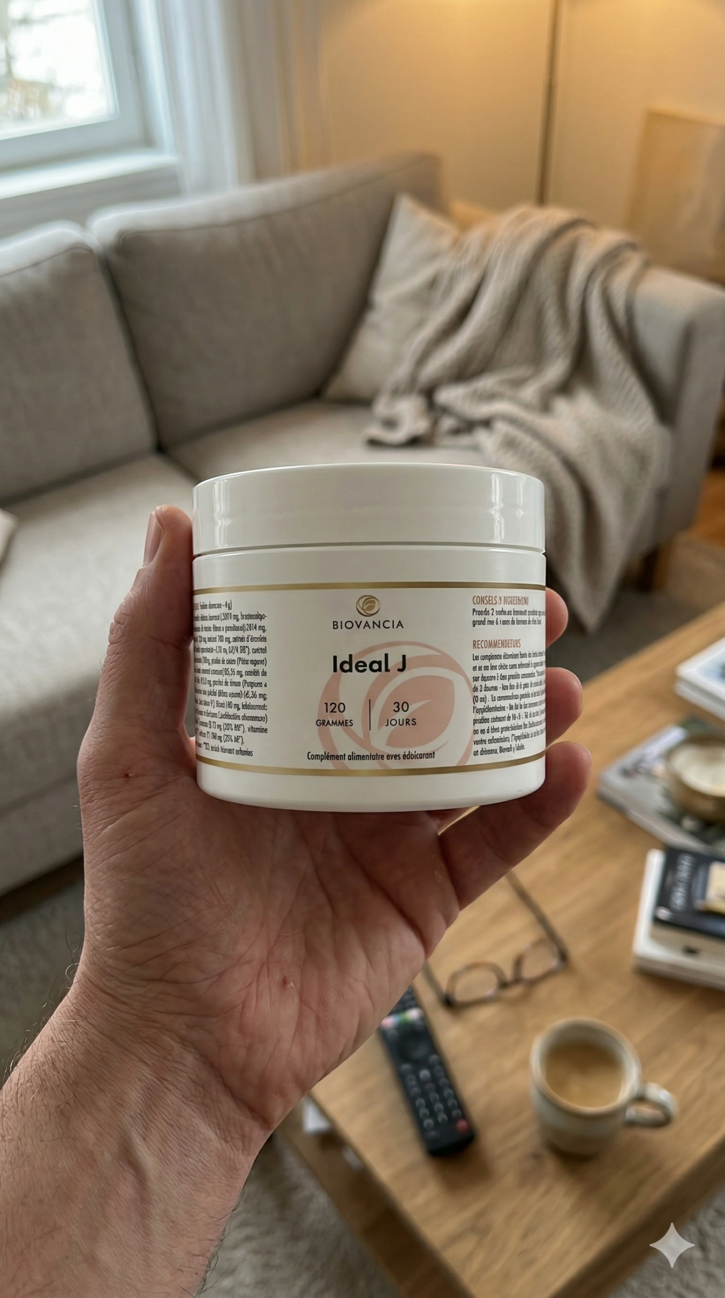 Ideal J Biovancia avis - test complet complément vitalité poudre 16 actifs naturels 10 super-fruits acérola ananas banane cassis cerise citron fraise groseille pomme prune fibres prébiotiques FOS Lactobacillus rhamnosus thé vert polyphénols ADN télomérase énergie digestion microbiote